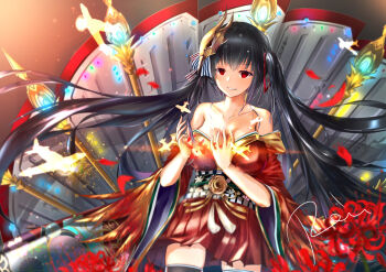 1girl absurdres aircraft azur_lane bare_shoulders black_hair black_thighhighs breasts cleavage collarbone commentary cowboy_shot english_commentary floral_print hair_ribbon highres japanese_clothes kimono large_breasts long_hair looking_at_viewer magic mask mask_on_head red_eyes red_kimono red_ribbon rein_yukimatsu ribbon signature solo taihou_(azur_lane) thighhighs very_long_hair wide_sleeves