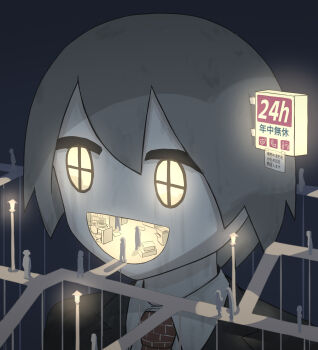 1boy absurdres avogado6 black_background black_jacket brick building commentary_request desk formal_clothes giant grey_hair highres jacket lamppost looking_ahead necktie note open_mouth original path people printer road short_hair sign simple_background size_difference smile solo_focus suit translation_request window