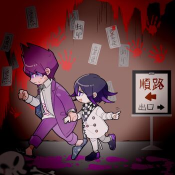 1202_koge 2boys arm_belt belt black_footwear black_scarf blood blood_drip bloody_handprints blue_footwear bone buttons checkered_clothes checkered_scarf coat coat_partially_removed collared_jacket colored_tips commentary_request danganronpa_(series) danganronpa_v3:_killing_harmony deformed double-breasted facial_hair wagging_finger footprints grey_jacket hair_between_eyes handprint height_difference high_collar holding_another's_wrist indoors jacket layered_sleeves long_sleeves looking_at_another male_focus momota_kaito motion_lines multicolored_buttons multicolored_hair multiple_belts multiple_boys nervous_sweating ofuda oma_kokichi open_belt open_clothes open_jacket open_mouth pale_skin pants pink_blood purple_coat purple_eyes purple_facial_hair purple_hair purple_pants scared scarf shirt shoes short_hair sign skull slippers smile space_print starry_sky_print sweat thigh_belt thigh_strap torn_clothes torn_jacket turn_pale two-sided_coat two-sided_fabric two-tone_scarf vignetting white_belt white_jacket white_pants white_scarf white_shirt