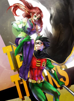 1boy 1girl black_hair boots cartoon_network copyright_name dc_comics dick_grayson domino_mask eye_mask gloves green_eyes mask robin_(dc) skirt starfire teen_titans thigh_boots thighhighs