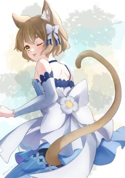 1boy ;p absurdres animal_ears blush bow brown_hair cat_boy cat_ears cat_tail crossdressing detached_sleeves dress felix_argyle hair_bow highres looking_at_viewer male_focus one_eye_closed pantyhose rain_re_a re:zero_kara_hajimeru_isekai_seikatsu short_hair solo tail thighhighs tongue tongue_out trap yellow_eyes