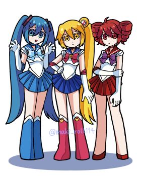 3girls ahoge akita_neru aqua_eyes aqua_hair bishoujo_senshi_sailor_moon blonde_hair blue_sailor_collar bow brooch choker commentary_request cosplay drill_hair earrings elbow_gloves gloves hair_bun hatsune_miku highres jewelry kasane_teto long_hair magical_girl maki_roll114 multiple_girls pleated_skirt red_bow red_eyes red_hair sailor_collar sailor_mars sailor_mars_(cosplay) sailor_mercury sailor_mercury_(cosplay) sailor_moon sailor_moon_(cosplay) sailor_senshi_uniform side_ponytail skirt smile triple_baka_(vocaloid) twin_drills twintails utau vocaloid white_gloves yellow_eyes