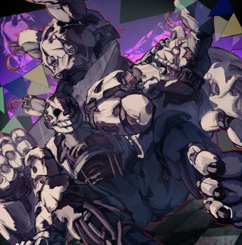 1boy animal_ears animatronic bone box608234569896 bunting commentary cyborg five_nights_at_freddy's five_nights_at_freddy's_3 hands_on_own_head hashtag-only_commentary male_focus multiple_views open_mouth rabbit_ears sitting springtrap