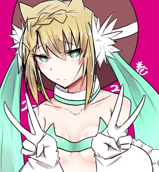 Rule 34 | + +, 1girl, bare shoulders, blonde hair, braid, breasts, brown hat, clione, closed mouth, collarbone, commentary request, cross-shaped pupils, double v, gloves, green eyes, hands up, hat, highres, pink background, simple background, small breasts, solo, symbol-shaped pupils, t1tsu kyun, upper body, v, white gloves, yumekui merry