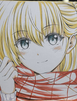 Rule 34 | 1girl, agnes claudel, blonde hair, braid, bun with braided base, close-up, commentary request, eiyuu densetsu, green eyes, hair between eyes, hair bun, highres, kagura yuuto, kuro no kiseki (series), looking at viewer, portrait, red scarf, ribbed sweater, scarf, single side bun, smile, solo, sweater, traditional media