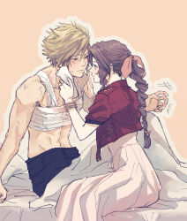 Rule 34 | 1boy, 1girl, absurdres, aerith gainsborough, bandaged chest, bangle, bed sheet, belt, blonde hair, blue eyes, blue pants, bracelet, braid, braided ponytail, brown hair, cloud strife, cropped jacket, demi co, dress, final fantasy, final fantasy vii, final fantasy vii rebirth, final fantasy vii remake, green eyes, hair between eyes, hair ribbon, hetero, highres, hover hand, jacket, jewelry, light blush, long dress, long hair, looking at another, multiple belts, on bed, pants, parted bangs, parted lips, pink background, pink dress, pink ribbon, red jacket, ribbon, short hair, short sleeves, sidelocks, single braid, spiked hair, sweatdrop, topless male, under covers, wavy hair, wiping face