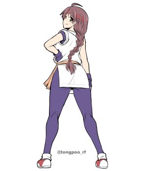 1girl bow braid breasts brown_hair from_behind hair_bow large_breasts leggings long_hair pale_skin pants shoes sneakers the_king_of_fighters tongpoo tongpoo_rf yoga_pants yuri_sakazaki