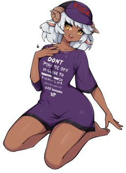 1girl animal_ears barefoot clothes_writing collarbone commentary commission dark-skinned_female dark_skin english_commentary full_body grey_hair hand_on_own_chest highres horns looking_at_viewer meme oninuer open_mouth original profanity purple_shirt sheep_ears sheep_girl sheep_horns shirt short_hair short_sleeves simple_background sitting smile solo swept_bangs t-shirt white_background yellow_eyes you_look_like_just_enough_xp_(meme)