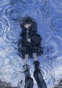 1girl black_boots black_eyes black_hair black_jacket black_skirt blue_sky boots expressionless highres holding holding_umbrella jacket light_blush looking_at_reflection looking_at_viewer mitikage7 original puddle rain reflection reflective_liquid skirt sky transparent transparent_umbrella umbrella water_drop