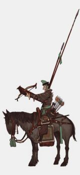 1boy :d armor arrow_(projectile) bow_(weapon) crossbow dou from_side hat highres holding holding_crossbow holding_weapon horse horseback_riding japanese_armor male_focus mossacannibalis open_mouth original pike_(weapon) polearm quiver riding shoulder_armor simple_background smile sode soldier solo tassel tate_eboshi weapon white_background