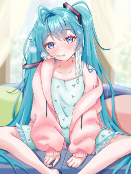 1girl absurdres aqua_eyes aqua_hair aqua_nails arm_tattoo blush collarbone feet_out_of_frame hair_between_eyes hair_ornament hatsune_miku highres jacket long_hair long_sleeves maarin_(59567861) number_tattoo pink_jacket sleepwear solo spring_onion_print tattoo thermometer thermometer_in_mouth twintails very_long_hair vocaloid