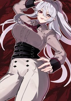 1girl absurdres arm_up blue_eyes commentary english_commentary general_geega grey_hair grey_pants grey_shirt hand_on_own_hip heterochromia highres indie_virtual_youtuber looking_down ni_kumo_tsuku_ni open_mouth pants pointy_ears ponytail red_background red_eyes shirt underbust virtual_youtuber