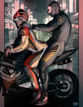 2boys ass bara biker_clothes bikesuit black_bodysuit black_gloves black_hair bodysuit call_of_duty call_of_duty:_modern_warfare_2 ghost_(modern_warfare_2) gloves large_pectorals male_focus mask motor_vehicle motorcycle multicolored_bodysuit multiple_boys muscular muscular_male naditwombly on_motorcycle pectorals red_bodysuit short_hair skull_mask soap_(modern_warfare_2) white_bodysuit yaoi