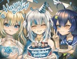 3girls ;3 absurdres ahoge birthday_cake blonde_hair blue_eyes blue_hair blue_hoodie blue_sailor_collar blue_streaks cake cake_slice candle closed_eyes confetti dress fire fish fishbowl food food_on_face gawr_gura gawr_gura_(1st_costume) green_neckerchief hair_ornament happy_birthday hat highres holding holding_plate hololive hololive_english hood hoodie idfasler indie_virtual_youtuber long_hair mori_calliope multiple_girls neckerchief ninomae_ina&#039;nis one_eye_closed party_hat plate sailor_collar sameko_saba sameko_saba_(fish) school_uniform seashell senzawa serafuku shark_girl shark_hair_ornament shell star_(symbol) star_hair_ornament takanashi_kiara two_side_up v virtual_youtuber voice_actor_connection watson_amelia white_dress white_hair x_hair_ornament