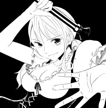 Rule 34 | 1girl, arm up, black background, breasts, cleavage, clima-tact, closed mouth, collar, collarbone, commentary, cross-laced clothes, cross-laced dress, frilled collar, frilled shirt, frilled sleeves, frills, german clothes, highres, holding, holding staff, large breasts, light smile, long hair, looking at viewer, low twintails, moto21326, nami (one piece), official alternate costume, official alternate hairstyle, one piece, open hand, shirt, short sleeves, single sidelock, solo, staff, twintails, upper body, white shirt