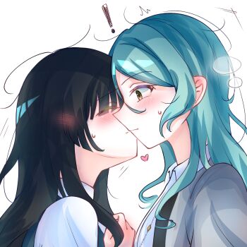 ! 2girls air_bubble aqua_hair bang_dream! black_hair blush bubble closed_eyes closed_mouth coat collar ear_blush green_eyes grey_coat hand_blush heart highres hikawa_sayo jewelry kiss long_hair multiple_girls necklace non-web_source nose_blush shirokane_rinko shy simple_background surprised white_background white_collar yuri zevi_(zevi_ii)