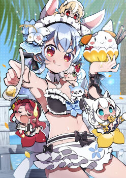 5girls :d :q animal_ears bikini black_bikini blonde_hair blue_hair blush breasts chibi closed_eyes closed_mouth commentary cowboy_shot day food green_eyes highres holding holding_food holding_spoon hololive holonatsu_paradise houshou_marine houshou_marine_(holonatsu_paradise) ice_cream kei_s01 long_hair looking_at_viewer maid maid_bikini maid_headdress medium_breasts mini_person minigirl multicolored_hair multiple_girls navel open_mouth outdoors palm_tree rabbit_ears rabbit_girl red_eyes red_hair shirakami_fubuki shirakami_fubuki_(holonatsu_paradise) shiranui_flare shiranui_flare_(holonatsu_paradise) shirogane_noel shirogane_noel_(holonatsu_paradise) smile spoon streaked_hair swimsuit thick_eyebrows tongue tongue_out tree unconventional_maid usada_pekora usada_pekora_(holonatsu_paradise) virtual_youtuber wafer_stick white_hair white_streaks