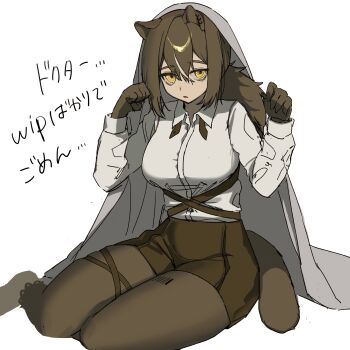 absurdres animal_ear_piercing animal_ears arknights brown_hair brown_pantyhose brown_shorts earrings highres jewelry looking_at_viewer medium_hair on_floor pantyhose ponytail raccoon_ears raccoon_girl raccoon_tail robin_(arknights) rubbing_eyes sanzuitaroh shirt shorts tail unfinished white_shirt yellow_eyes