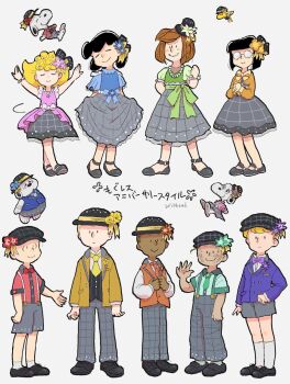 4girls 5boys alternate_costume belle_(peanuts) beret black_hair blonde_hair bow bowtie brother_and_sister brown_hair charlie_brown checkered_clothes checkered_pants commentary_request dark_skin dirty dirty_clothes dirty_face dress flower franklin_(peanuts) glasses hair_flower hair_ornament hat highres jewelry linus_van_pelt lucy_van_pelt marcie_(peanuts) multiple_boys multiple_girls necklace necktie official_alternate_costume olaf_(peanuts) pants peanuts_(comic) peppermint_patty pig-pen puffy_short_sleeves puffy_sleeves sally_brown schroeder_(peanuts) short_hair short_sleeves siblings smile snoopy suspenders thevigil vest woodstock