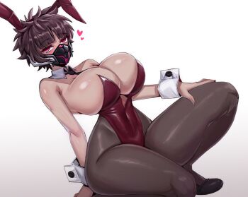 1girl 7a_(se7ena) animal_ear_hairband animal_ears black_necktie black_pantyhose blush breasts brown_hair commentary dark-skinned_female dark_skin detached_collar dutch_angle english_commentary fake_animal_ears hairband heart highres huge_breasts last_origin leotard looking_at_viewer mask melt_(last_origin) mouth_mask necktie on_one_knee pantyhose parted_bangs playboy_bunny rabbit_ear_hairband rabbit_ears red_eyes red_leotard short_hair simple_background solo strapless strapless_leotard white_background white_wrist_cuffs wrist_cuffs