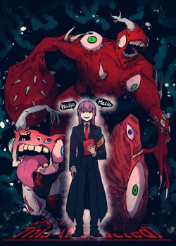 2others black_pants black_sclera black_suit blue_eyes claws colored_sclera colored_skin employee_(project_moon) english_text extra_eyes formal_clothes green_eyes holding holding_notebook imminent_death lobotomy_corporation looking_at_viewer monster multiple_others necktie notebook nothing_there nugget_(project_moon) open_mouth pants partially_shaded_face project_moon purple_hair red_necktie red_skin sabaage shirt smile speech_bubble standing suit tongue tongue_out white_shirt wide_sleeves