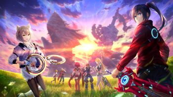3boys 4girls absurdres aegis_sword_(xenoblade) black_hair blonde_hair boots brown_hair chakram chest_jewel commentary_request diving_helmet dual_wielding fingerless_gloves fiora_(xenoblade) from_behind gloves grey_hair hanegaito helmet highres holding holding_sword holding_weapon jacket knee_boots looking_back mio_(xenoblade) monado multiple_boys multiple_girls mythra_(xenoblade) noah_(xenoblade) outdoors pantyhose ponytail pyra_(xenoblade) red_hair red_jacket reverse_grip revision rex_(xenoblade) shorts shulk_(xenoblade) sunset sword thighhighs veiled_sword_(xenoblade) weapon weapon_on_back white_jacket wind xenoblade_chronicles_(series) xenoblade_chronicles_1 xenoblade_chronicles_2 xenoblade_chronicles_3