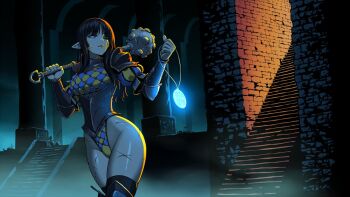 1girl amulet armor bikini_armor brick_wall dark dungeon elf holding holding_mace holding_weapon leotard long_hair mace original pauldrons pillar pointy_ears ronindude scar scar_on_face scar_on_leg shoulder_armor stairs stone_stairs weapon