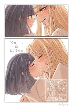 2girls black_hair blonde_hair character_name closed_eyes closed_mouth commentary_request eye_contact grey_eyes hand_on_another&#039;s_face highres hoshizora_no_shita long_hair looking_at_another medium_hair multiple_girls original parted_lips shirt smile watermark white_shirt yellow_eyes yuri