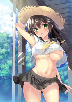 1girl :d areola_slip arm_up armpit_peek black_hair black_skirt blush breasts commentary_request cowboy_shot crop_top crop_top_overhang day gluteal_fold green_eyes hair_ornament hairclip hat highres large_breasts looking_at_viewer midriff miniskirt navel neckerchief nipples no_panties open_mouth original outdoors pleated_skirt sanshoku_amido school_uniform serafuku skirt smile solo standing straw_hat sun_hat sweat underboob wind wind_lift yellow_neckerchief