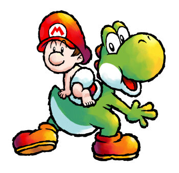 2boys baby baby_mario boots brown_boots brown_hair colored_skin diaper green_skin green_yoshi hat highres looking_at_viewer mario mario_(series) multiple_boys nintendo official_art open_mouth short_hair simple_background third-party_source white_background yoshi yoshi&#039;s_island_ds