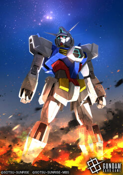 aqua_eyes copyright_logo copyright_name copyright_notice fire gundam gundam_age gundam_age-1 gundam_card_game humanoid_robot logo mecha mobile_suit no_humans official_art robot science_fiction serike_w star_(sky) v-fin