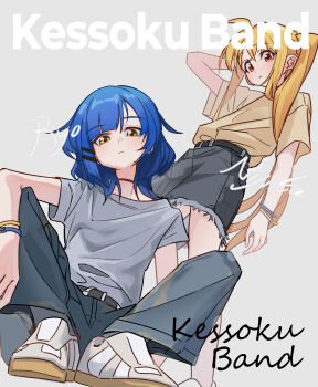 absurdres alternate_costume arm_behind_head arm_on_knee armband belt black_belt black_choker black_pants black_skirt blonde_hair blue_armband blue_hair bocchi_the_rock! character_signature choker english_text grey_background grey_shirt hair_ornament hairclip highres ijichi_nijika ingyanggang kessoku_band looking_at_viewer on_floor pants parallel_hairclips red_eyes shirt shoes short_hair side_ponytail simple_background sitting skirt white_shoes yamada_ryo yellow_armband yellow_eyes yellow_shirt