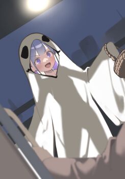 Rule 34 | 1girl, basket, breasts, dutch angle, ghost costume, hayakawa sena (pei iriya), highres, long hair, open mouth, original, pei iriya, purple eyes, purple hair, silhouette, small breasts, solo focus, trick or treat, twintails