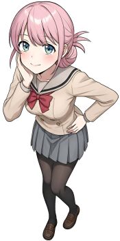 1girl alternate_costume black_pantyhose blue_eyes blue_skirt blush bocchi_the_rock! bow breasts brown_jacket brown_shoes full_body gotoh_michiyo highres jacket looking_at_viewer mature_female medium_breasts pantyhose pink_hair red_bow ryuhirohumi school_uniform shoes shuka_high_school_uniform simple_background skirt smile solo standing white_background