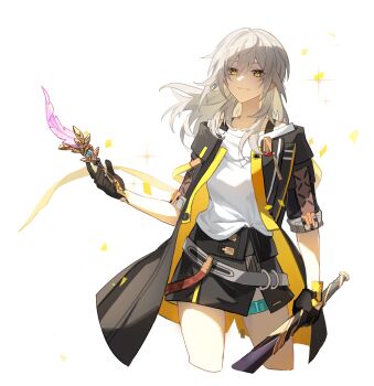 1girl 625light absurdres baseball_bat black_coat black_gloves black_skirt coat commentary cropped_legs gloves grey_hair highres holding holding_baseball_bat holding_quill honkai:_star_rail honkai_(series) long_hair looking_up miniskirt open_clothes open_coat quill shirt simple_background skirt smile solo sparkle stelle_(honkai:_star_rail) symbol-only_commentary trailblazer_(honkai:_star_rail) two-sided_coat two-sided_fabric white_background white_shirt yellow_eyes