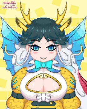 1girl :3 animal_ears black_hair blue_eyes bow bowtie breasts cleavage cleavage_cutout clothing_cutout commentary dragon_ears english_commentary extra_ears giraffe_ears giraffe_girl giraffe_horns gloves highres horns iredify kemono_friends kemono_friends_3 kirin_(kemono_friends) large_breasts long_hair looking_at_viewer multicolored_hair pixel_art red_hair scale_print smile solo tail white_hair wings yellow_horns yellow_trim