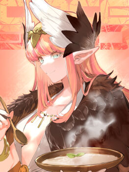 1girl aqua_eyes bare_shoulders bowl bracelet breasts character_name circe_(fate) circlet fate/grand_order fate_(series) feathered_wings food head_wings highres jewelry long_hair looking_at_viewer necklace pink_hair pointy_ears shirt sidelocks sleeveless sleeveless_shirt small_breasts solo spoon suzuhi_(fullprayer) white_shirt wings