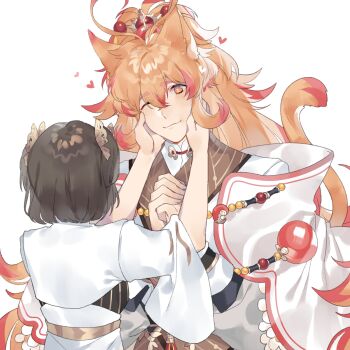 1boy 1girl ;3 animal_ears antenna_hair black_hair butterfly_hair_ornament cat_boy cat_ears cat_tail chinese_clothes chinese_commentary cloak closed_mouth colored_tips crossed_bangs dress facing_away female_master_(the_tale_of_food) flipped_hair flower flower_trim geely_shrimp_(the_tale_of_food) gem guotang hair_between_eyes hair_flaps hair_ornament hands_on_another&#039;s_cheeks hands_on_another&#039;s_face hanfu heart heart_antenna_hair height_difference highres kemonomimi_mode light_blush long_hair long_sleeves looking_at_another male_focus medium_hair multicolored_hair one_eye_closed orange_eyes orange_hair own_hands_clasped own_hands_together pink_gemstone puffy_long_sleeves puffy_sleeves robe shirt short_eyebrows sidelocks simple_background sweater_guard tail the_tale_of_food three-quarter_sleeves two_side_up upper_body very_long_hair white_background white_cloak white_dress white_flower white_hanfu white_robe white_shirt wide_ponytail wide_sleeves xiao_guan_(headdress)