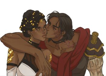 2girls arcane:_league_of_legends arm_around_shoulder armor bare_shoulders brown_eyes brown_hair collarbone couple cracked_skin dark-skinned_female dark_skin dreadlocks dress glitter glitter_makeup gold_armor gold_tattoo hair_ornament hair_up head_tilt highres kiss kissing_cheek league_of_legends leaning_to_the_side looking_at_another looking_to_the_side marceline2174 mechanical_arms mel_(league_of_legends) multiple_girls muscular muscular_female red_scarf scarf sevika_(arcane) shade short_hair shoulder_plates simple_background single_mechanical_arm sleeveless sleeveless_dress standing thick_lips upper_body very_dark_skin white_background yuri