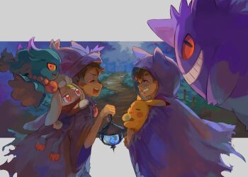 2boys ash_ketchum brown_hair candy closed_eyes commentary cosplay eyelashes fence food gen_1_pokemon gen_2_pokemon gen_4_pokemon gen_8_pokemon gengar goh_(pokemon) grass halloween hand_up hat highres holding hood hood_up lollipop male_focus misdreavus mismagius mismagius_(cosplay) multiple_boys nintendo nma_(nmarikun) open_mouth path pikachu pokemon pokemon_(anime) pokemon_journeys raboot road smile symbol-only_commentary teeth tongue wide_sleeves