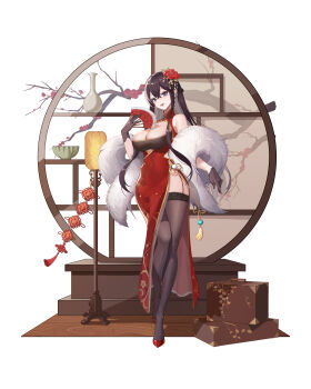 1girl absurdres bare_shoulders black_gloves black_hair black_thighhighs blue_eyes bowl braid breasts case china_dress chinese_clothes chinese_knot cleavage cleavage_cutout clothing_cutout dress eir feather_boa floral_print flower folding_fan french_braid full_body garter_straps gloves grin hair_between_eyes hair_flower hair_ornament hand_fan hand_up highres holding holding_fan lamp large_breasts leotard long_dress looking_at_viewer mole mole_under_eye original pelvic_curtain plum_blossoms red_dress red_flower red_footwear red_leotard round_shelf side_cutout sleeveless sleeveless_dress smile solo standing striped thighhighs vase vertical_stripes white_background wooden_floor