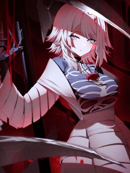 1girl absurdres black_bodysuit black_gloves blood blue_eyes bodysuit breasts coat e.g.o_(project_moon) faust_(project_moon) gloves hand_up hi_i_dubu highres kishimen_hair large_breasts limbus_company looking_at_viewer mask parted_lips project_moon respirator short_hair solo thoracalgia_(e.g.o) white_coat white_hair