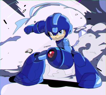 1boy 2025 absurdres arm_cannon armor artist_name black_trim blue_armor blue_bodysuit blue_eyes blue_gloves bodysuit capcom clenched_hand closed_mouth commentary dot_nose dynamic_pose english_commentary exhaust full_body gloves helmet highres humanoid_robot joints male_focus mega_man:_dual_override mega_man_(character) mega_man_(classic) mega_man_(series) night robot robot_joints saturnserkel serious shadow smile smoke solo squatting standing weapon white_background