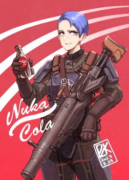 1girl absurdres assault_rifle blue_hair bottle brotherhood_of_steel brown_gloves brown_jacket brown_pants commentary cowboy_shot dated english_commentary fallout fallout_4 fallout_76 forehead gloves grey_eyes gun highres holding holding_bottle holding_gun holding_weapon jacket nuka_cola pants red_background rifle short_hair signature soda_bottle solo standing very_short_hair weapon xrnl2018