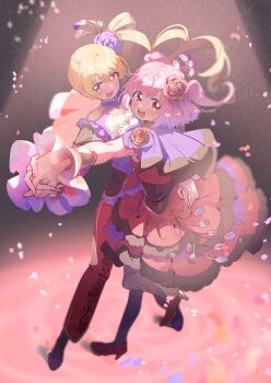 Rule 34 | 2girls, :d, absurdres, alternate costume, blonde hair, blush, boots, brown background, capelet, commentary request, dancing, dress, flats, flower, frilled dress, frills, hair flower, hair ornament, hand on another's waist, high heels, highres, holding hands, jewelry, layered dress, leg up, long hair, long sleeves, looking at viewer, magia record: mahou shoujo madoka magica gaiden, mahou shoujo madoka magica, makino ikumi, midori ryo, multiple girls, open mouth, pants, pantyhose, pink flower, pink hair, pink nails, pink rose, print pants, purple boots, purple capelet, purple flower, purple nails, purple pantyhose, purple rose, red dress, red eyes, red pants, red shirt, red shoes, ring, rose, serizawa serizane, shirt, shoes, short hair, short sleeves, side ponytail, sidelocks, smile, spotlight, standing, swept bangs, teeth, twitter username, two side up, upper teeth only, very long hair, wavy hair, wrist cuffs