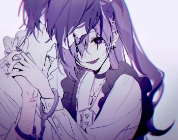 1boy 1girl artist_request bags_under_eyes black_bow black_choker black_nails black_suspenders blouse blue_eyes blurry_edges bow chain choker chromatic_aberration commentary couple cross cross_earrings cross_necklace cuffs earrings frilled_bow frilled_shirt frilled_suspenders frills grey_background hair_bow hair_over_one_eye handcuffs head_tilt heart heart-shaped_pupils hetero hoop_earrings indie_utaite interlocked_fingers jewelry jirai_kei limited_palette long_hair long_sleeves looking_ahead multiple_piercings necklace one_eye_covered one_side_up open_mouth pale_skin pink_pupils purple_eyes purple_hair purple_nails scar second-party_source self-harm_scar shared_handcuffs shirt sidelocks smile suspenders symbol-only_commentary symbol-shaped_pupils tonochuu_(yukimura) upper_body vignetting wavy_hair white_shirt yukimura_(utaite)