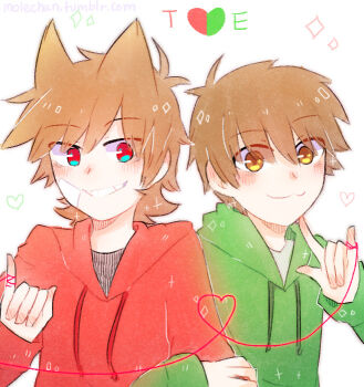 2boys :3 animification bandaid bandaid_on_face blush brown_hair commentary couple edd_(eddsworld) eddsworld english_commentary green_hoodie grin hair_ears heart hood hood_down hoodie locked_arms long_sleeves looking_at_viewer male_focus molechan multiple_boys red_eyes red_hoodie short_hair simple_background smile sparkle string string_of_fate tord_(eddsworld) tumblr_username upper_body watermark web_address white_background yaoi yellow_eyes