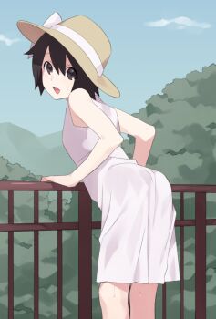 1boy :d anzyupai ass bare_arms bare_shoulders black_eyes black_hair blue_sky bow brown_hat commentary_request crossdressing crossdressing_(mtf) day dress feet_out_of_frame foliage from_behind hair_between_eyes hand_on_railing hat hat_bow leaning_forward looking_at_viewer looking_back male_focus mountainous_horizon open_mouth original outdoors railing short_hair sidelocks sky smile solo standing sweat trap tree turning_head white_bow white_dress