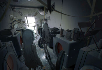 Rule 34 | 2girls, arrow (symbol), bag, black jacket, braid, chair, from behind, grey hair, hair ribbon, half up braid, highres, hood, hood down, hooded jacket, jacket, kuwei (kuwei 2333), laundry, leg warmers, long hair, multiple girls, original, pleated skirt, ribbon, rubber duck, school bag, school uniform, skirt, sweater, vent (object), washing machine, white ribbon