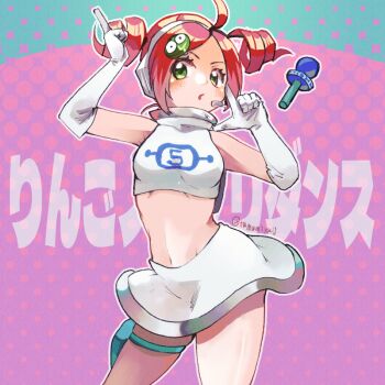 1girl ahoge andou_ringo bad_tag character_hair_ornament commentary commentary_request cosplay drill_hair elbow_gloves gloves green_eyes hair_ornament headset helmet microphone puyo_(puyopuyo) puyopuyo puyopuyo_7 red_hair short_hair skirt solo space_channel_5 tamamiyau text_background thigh_strap twin_drills ulala ulala_(cosplay) white_gloves white_skirt